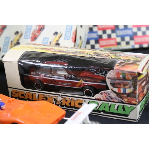 344 - Scalextric - Five Scalextric slot cars (boxed C117 3.0 Ford Capri, C76 Austin Mini Cooper, C23 Arrow... 