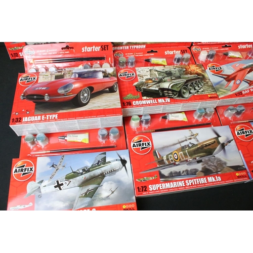 354 - Twelve Boxed Airfix Starter Set plastic model kits featuring 10 x 1:72, a 1:76 A55109 Cromwell Mk.IV... 