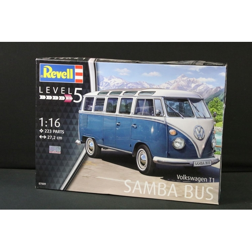 367 - Five Boxed Revell plastic model kits to include 4 x VW Camper Vans together with a 07047 1:24 Land R... 