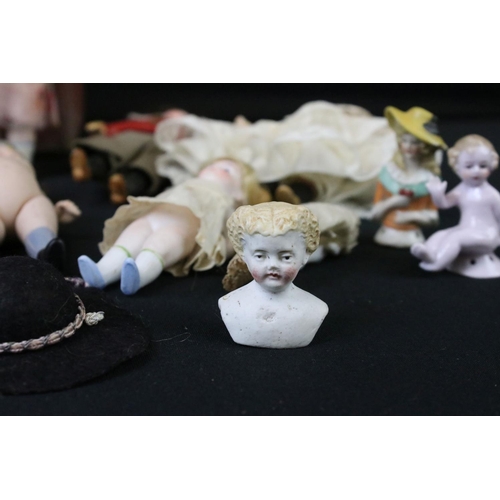 452 - 14 Miniature bisque headed / ceramic dolls & figures, featuring articulated, German and pin cushion ... 