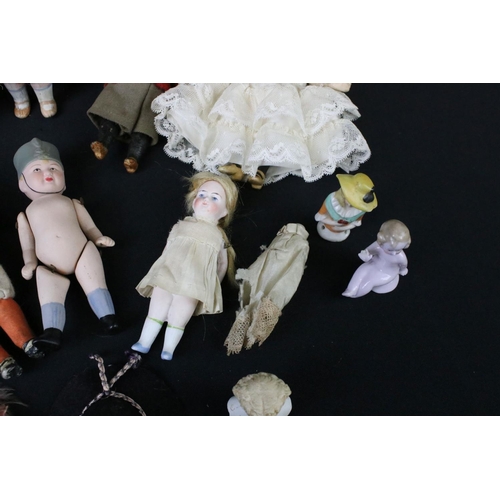 452 - 14 Miniature bisque headed / ceramic dolls & figures, featuring articulated, German and pin cushion ... 