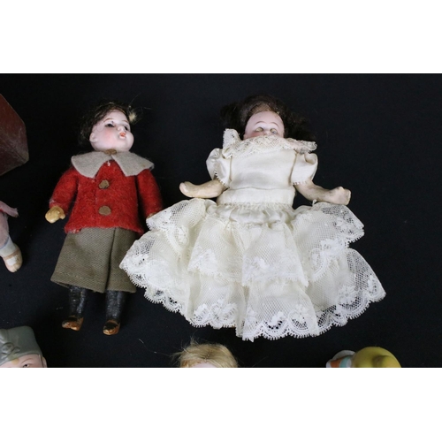 452 - 14 Miniature bisque headed / ceramic dolls & figures, featuring articulated, German and pin cushion ... 