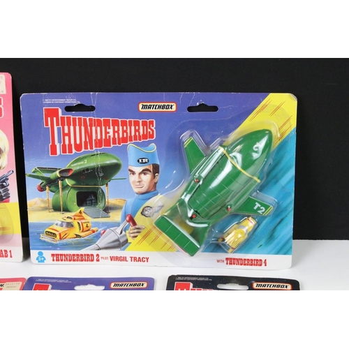 258 - Five carded Matchbox Thunderbirds diecast models to include Thunderbird 2 - Virgil Tracy - with Thun... 