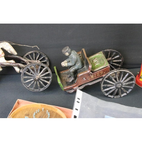 239 - Group of vintage toys to include heavy diecast horse & cart, tin plate bird cage, Japanese Electric ... 