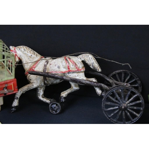 239 - Group of vintage toys to include heavy diecast horse & cart, tin plate bird cage, Japanese Electric ... 