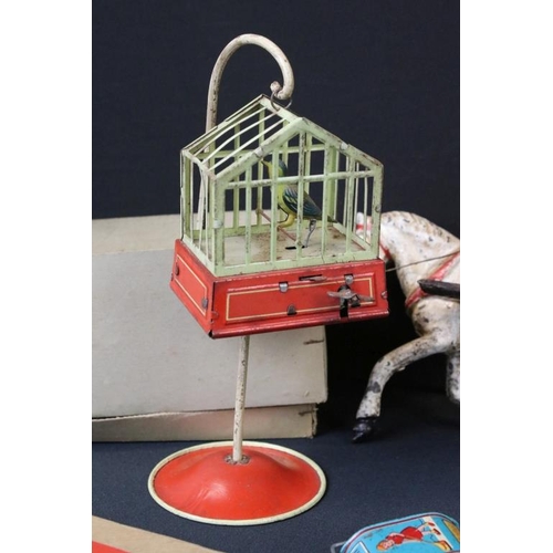 239 - Group of vintage toys to include heavy diecast horse & cart, tin plate bird cage, Japanese Electric ... 