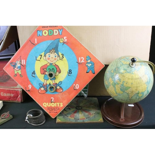 244 - Group of vintage toys and games to include Chad Valley globe, Chad Valley Noddy Quoits, Bakelite bag... 