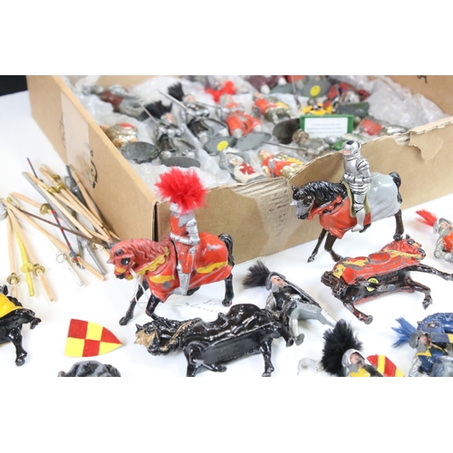 322 - 44 play worn metal knights, mostly Mid 20th C Timpo Toys, featuring 26 x Timpo mounted knights. (som... 