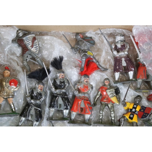 322 - 44 play worn metal knights, mostly Mid 20th C Timpo Toys, featuring 26 x Timpo mounted knights. (som... 