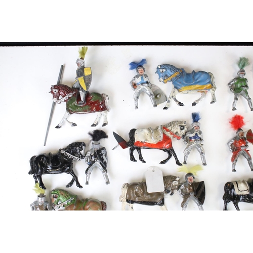 322 - 44 play worn metal knights, mostly Mid 20th C Timpo Toys, featuring 26 x Timpo mounted knights. (som... 