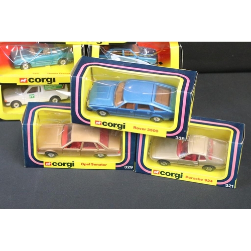 1222 - 15 Boxed Corgi diecast models to include 329 Opel Senator, 338 Rover 3500, 321 Porsche 924, 1156 Vol... 