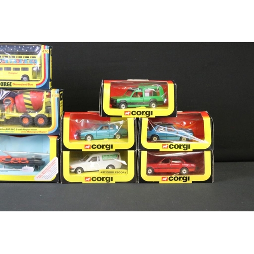 1222 - 15 Boxed Corgi diecast models to include 329 Opel Senator, 338 Rover 3500, 321 Porsche 924, 1156 Vol... 