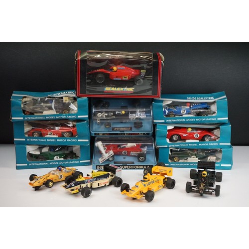 295 - Nine boxed / cased Scalextric slot cars to include c051 brm p160, c28 Renault Alpine, C4 Electra, C2... 