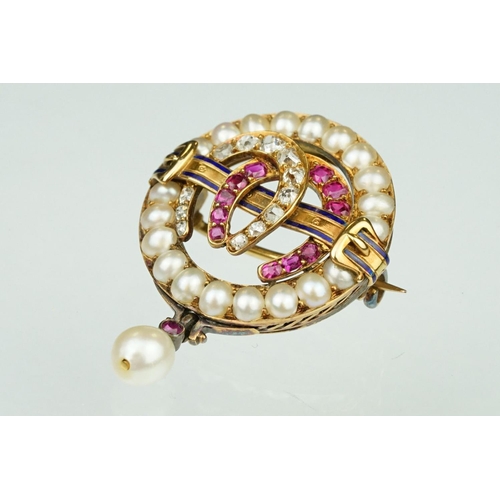 1 - 19th century ruby, diamond and pearl brooch, the two central entwined horse shoe motifs set with gra... 