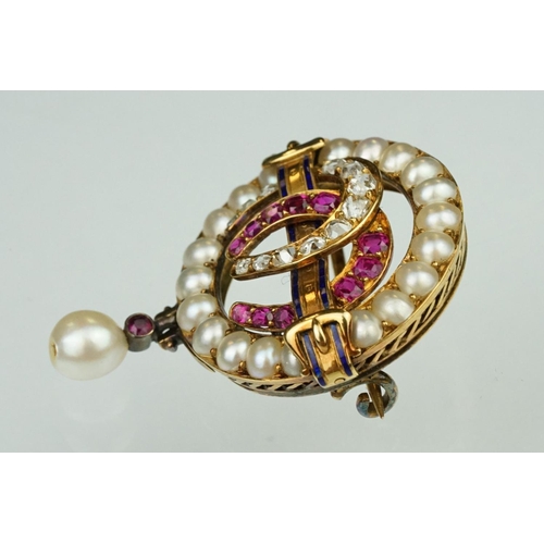 1 - 19th century ruby, diamond and pearl brooch, the two central entwined horse shoe motifs set with gra... 