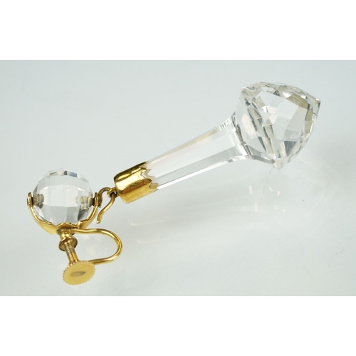 107 - Pair of crystal yellow metal drop earrings, the tapered briolette cut dropper suspended from the fou... 