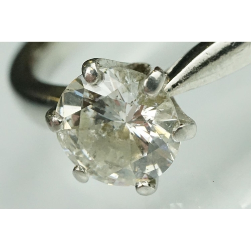 11 - Diamond solitaire platinum ring, the round brilliant cut diamond weighing approx 1.50 carat (depth c... 