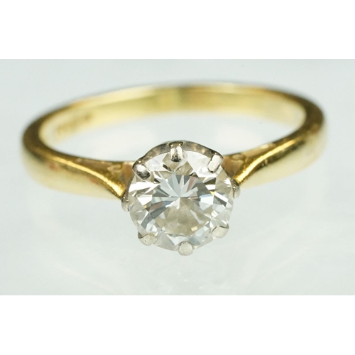 12 - Diamond solitaire 18ct yellow gold ring, the round brilliant cut diamond weighing approx 1.0 carat, ... 