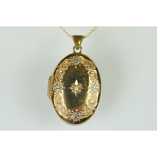 122 - Diamond 9ct yellow gold and white gold set oval locket pendant necklace, small round brilliant cut d... 