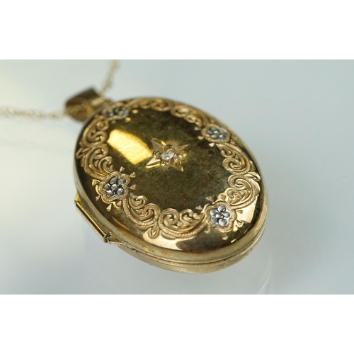 122 - Diamond 9ct yellow gold and white gold set oval locket pendant necklace, small round brilliant cut d... 