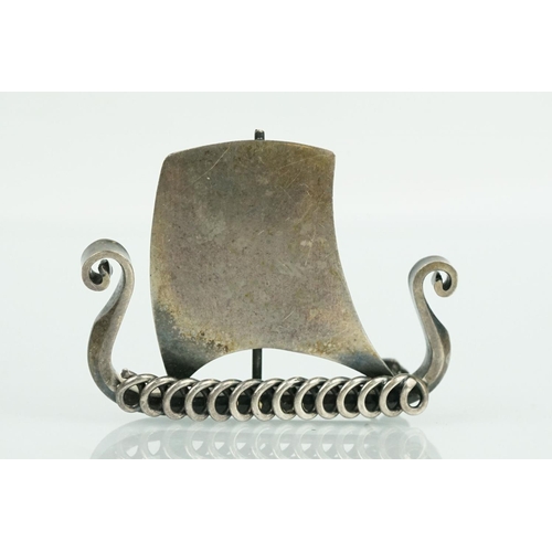 126 - Anton Michelsen Danish silver brooch modelled as a Viking ship, hallmarks verso, length approx 3.5cm