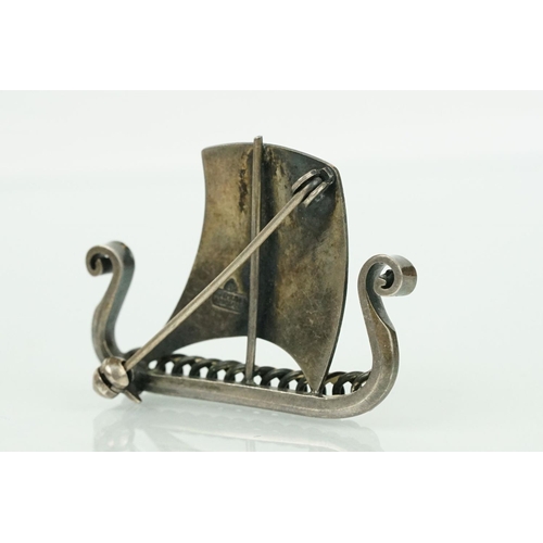 126 - Anton Michelsen Danish silver brooch modelled as a Viking ship, hallmarks verso, length approx 3.5cm