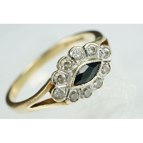 131 - Paste and marcasite 9ct yellow gold and silver cluster ring, size N; a paste 9ct yellow gold and whi... 