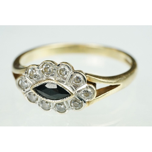 131 - Paste and marcasite 9ct yellow gold and silver cluster ring, size N; a paste 9ct yellow gold and whi... 