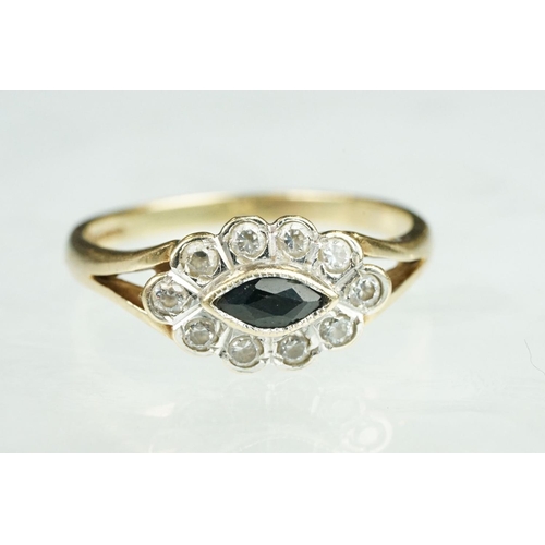 131 - Paste and marcasite 9ct yellow gold and silver cluster ring, size N; a paste 9ct yellow gold and whi... 