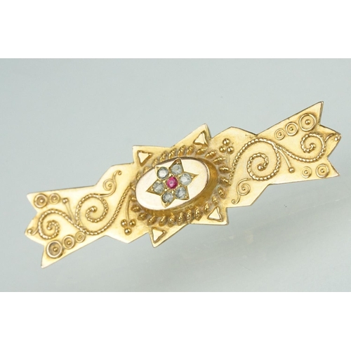 137 - Edwardian paste 9ct yellow gold bar brooch, scroll bead decoration in relief, length approx 4.5cm, B... 