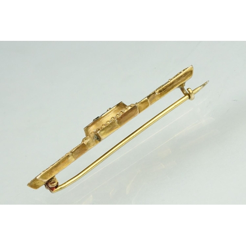 137 - Edwardian paste 9ct yellow gold bar brooch, scroll bead decoration in relief, length approx 4.5cm, B... 