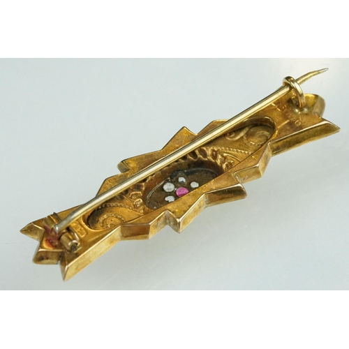 137 - Edwardian paste 9ct yellow gold bar brooch, scroll bead decoration in relief, length approx 4.5cm, B... 