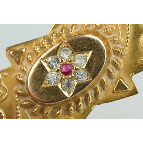 137 - Edwardian paste 9ct yellow gold bar brooch, scroll bead decoration in relief, length approx 4.5cm, B... 