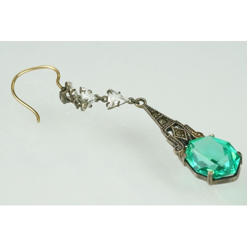 152 - Pair of 1920s Art Deco paste drop earrings having emerald coloured stones with marcasite set mounts ... 