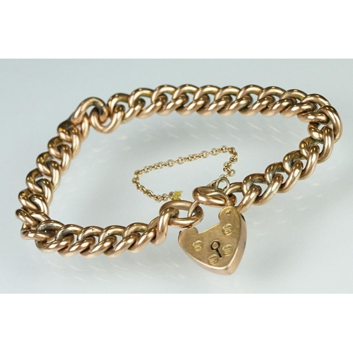 161 - 9ct rose gold curb link bracelet, padlock clasp, safety chain, each link hallmarked, width approx 8.... 