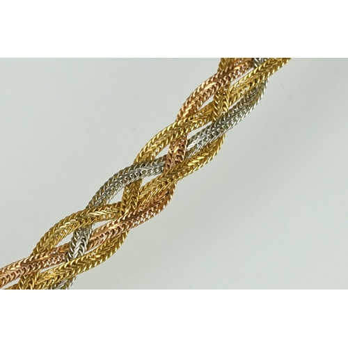 166 - 14ct tri-colour gold flat woven necklace, yellow, white and rose gold, lobster clasp, length approx ... 