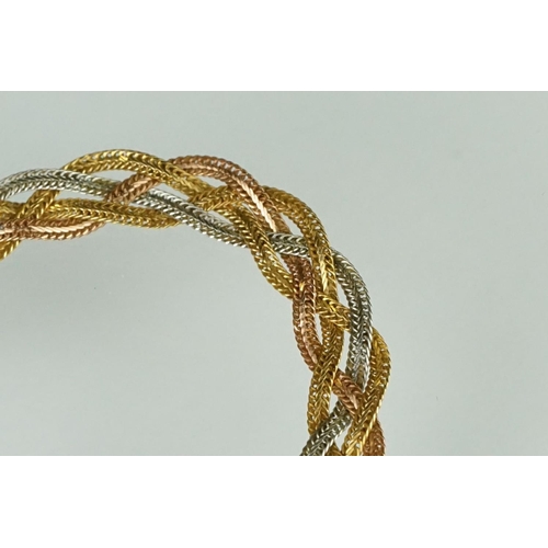 166 - 14ct tri-colour gold flat woven necklace, yellow, white and rose gold, lobster clasp, length approx ... 