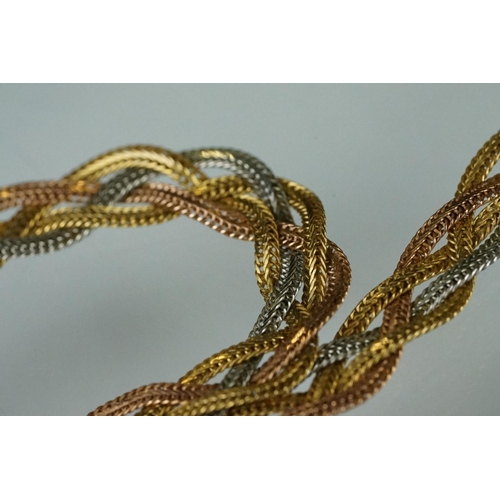 166 - 14ct tri-colour gold flat woven necklace, yellow, white and rose gold, lobster clasp, length approx ... 