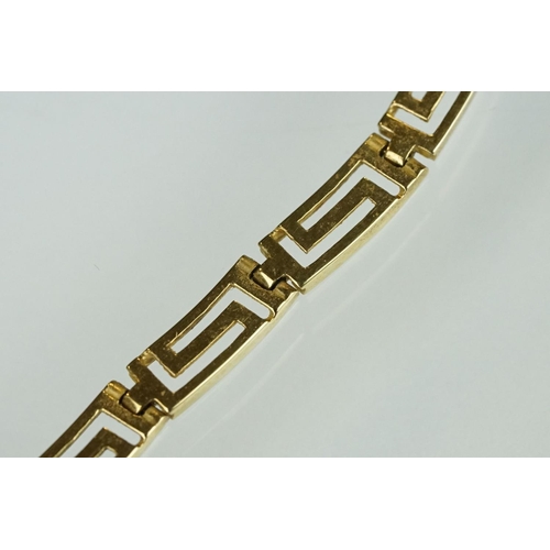 167 - 14ct yellow gold panel necklace, pierced Greek key design panels, width approx 4mm, tongue and box c... 