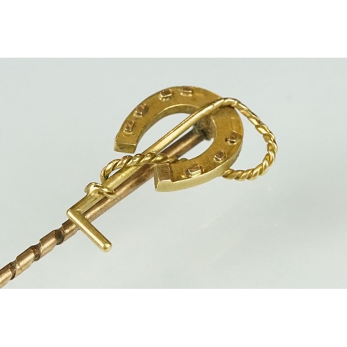 171 - Collection of gold and yellow metal jewellery, comprising a 19th century yellow metal stick pin, the... 