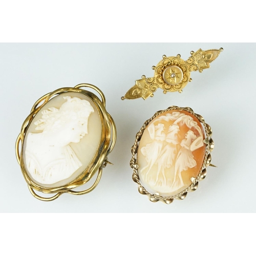 179 - Shell cameo 9ct yellow gold brooch depicting the The Graces; a 19th century shell cameo yellow metal... 