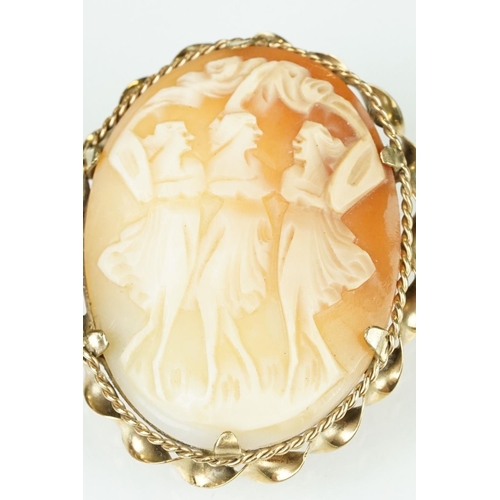 179 - Shell cameo 9ct yellow gold brooch depicting the The Graces; a 19th century shell cameo yellow metal... 