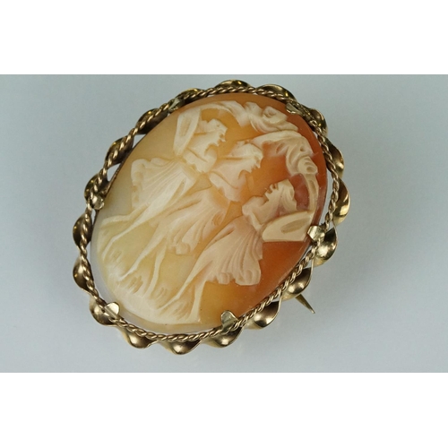 179 - Shell cameo 9ct yellow gold brooch depicting the The Graces; a 19th century shell cameo yellow metal... 