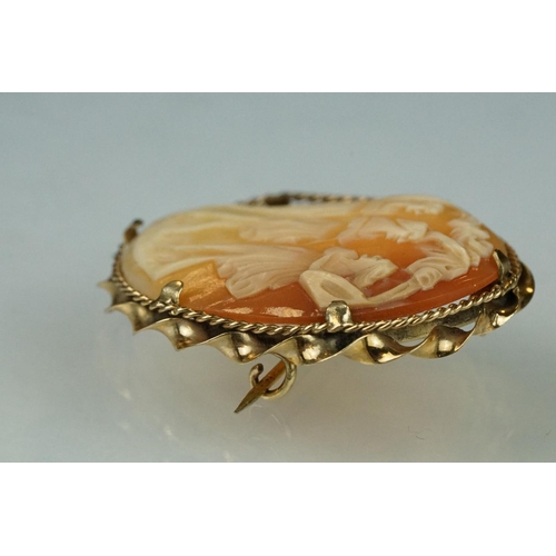 179 - Shell cameo 9ct yellow gold brooch depicting the The Graces; a 19th century shell cameo yellow metal... 