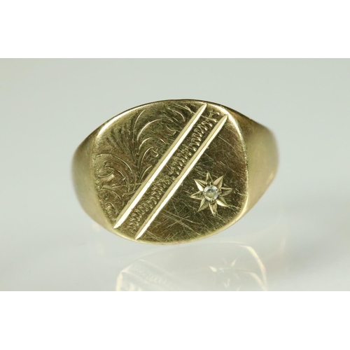 184 - Diamond 9ct yellow gold signet ring, the rounded square head set with small round eight cut diamond,... 