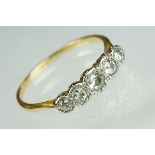 197 - Diamond five stone unmarked yellow gold and platinum set, five graduated old round cut brilliant dia... 