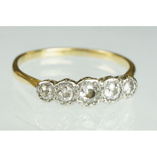 197 - Diamond five stone unmarked yellow gold and platinum set, five graduated old round cut brilliant dia... 