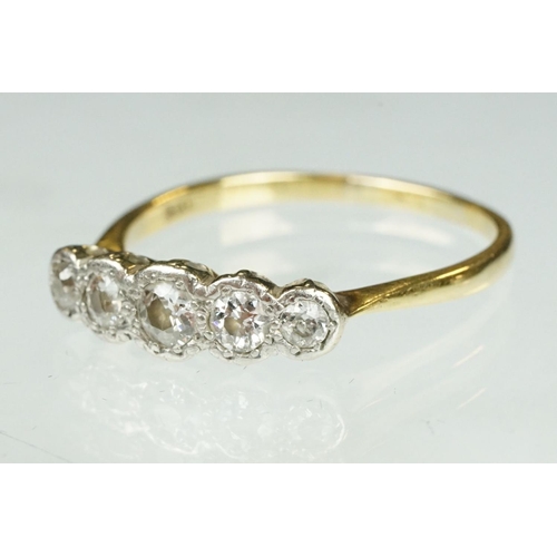 197 - Diamond five stone unmarked yellow gold and platinum set, five graduated old round cut brilliant dia... 