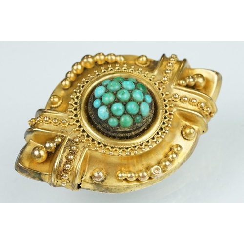 37 - 19th century turquoise yellow metal brooch, cabochon turquoise cluster to the centre, rope twist and... 