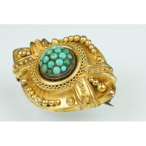 37 - 19th century turquoise yellow metal brooch, cabochon turquoise cluster to the centre, rope twist and... 